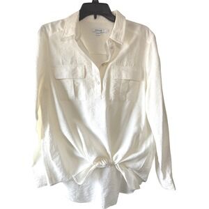 Chico's Textured Cream Long Sleeve Button Front Tie Waist Tunic Shirt‎ Size 8